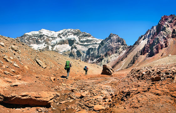 Hikers trekking in the Andes, Argentina, South America