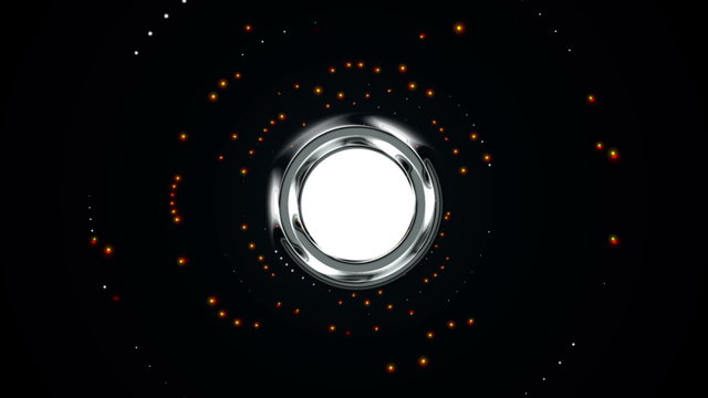 White circle logo with light particle effects