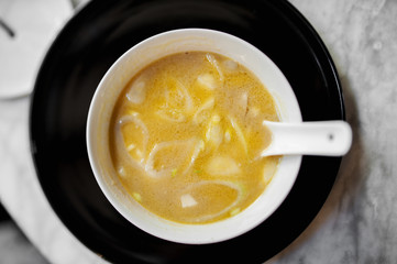 Soup miso on a marble table