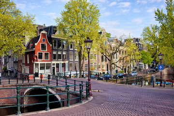 Dutch Canal Houses in Amsterdam - obrazy, fototapety, plakaty