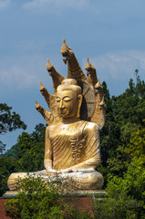 Obraz premium Golden Buddha statue surrounded by mountains