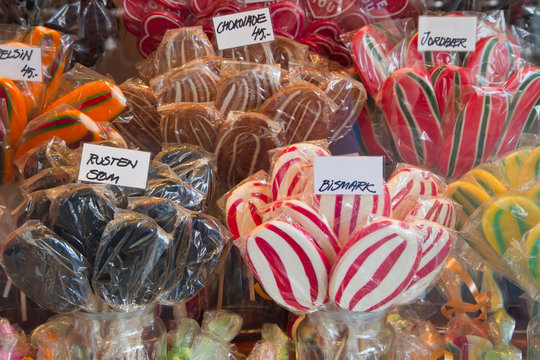 closeup of colorful lollipops on a shop