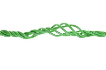 Green power supply cables isolated on white background