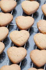 Heart shaped cookies cooling off on metal grid