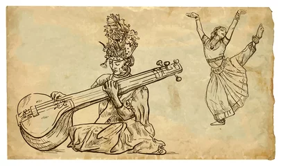 Papier Peint photo Groupe de musique Beauté indienne jouant du tanpura et l& 39 autre beauté dansant