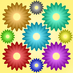 Nine multi-colored gears