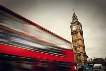Rolgordijnen London, the UK. Red bus in motion and Big Ben © Photocreo Bednarek