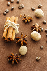Star anise, cinnamon sticks, nutmeg and coffee beans