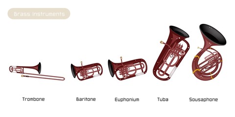 Obraz premium Five Musical Brass Instrument Isolated on White Background