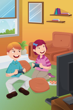 Kids playing video games at home