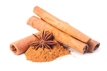 Anise and cinnamon on a white background