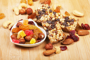 Cereal granola bars with nuts and dried fruit