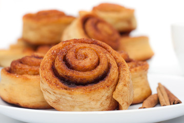Cinnamon rolls group, selective focus