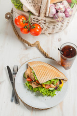 Kebab in grilled pita bread - high angle view