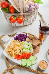 High angle view of kebab based meal