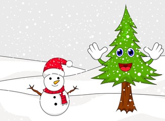 Happy snowman with spruce cartoon