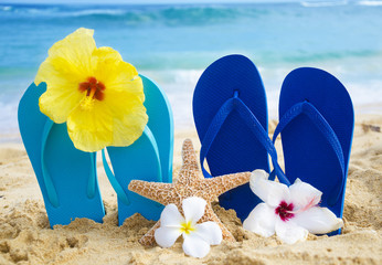 Flip flops and starfish with tropical flowers on sandy beach