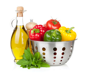 Fresh ripe vegetables in colander