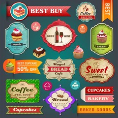 Collection of vintage retro bakery labels, badges and ribbons