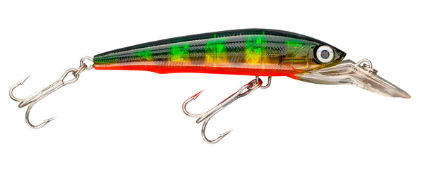 A green, red and yellow wobbler with two anchors hooks, isolated on white background