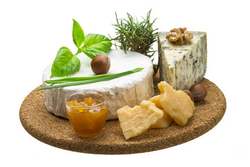 Assorted cheese - brie, dor blue and hard old yellow cheese