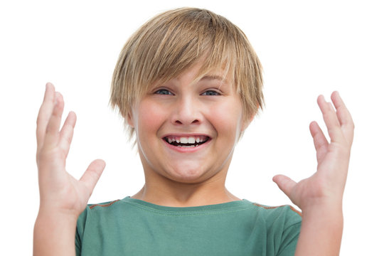 Suprised Blonde Boy With Hands Up