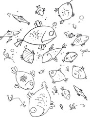 Illustraition of cartoon fishes, hand drawn design set