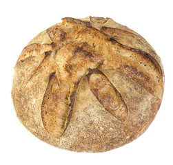 Fresh baked round loaf of sour dough bread on white background