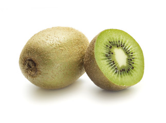 Kiwi's one sliced in halve on a white background with shadow.