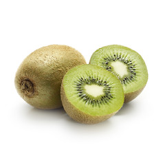 two kiwi's one sliced in halve isolated on white