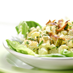 Potato salad with bacon on a green plate