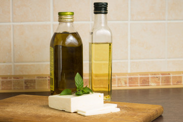 White cheese with kinds of oil