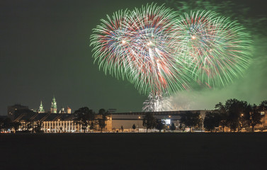 Fototapeta premium Poland, Krakow Skyline, Wawel Castle, Fireworks