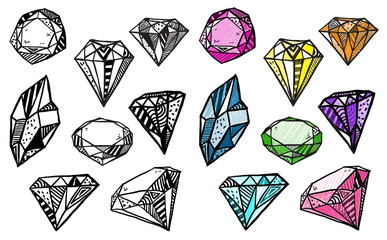 Diamonds. Set of doodle crystals.