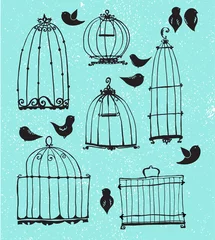 Wall murals Birds in cages Set of doodle cages and little birds