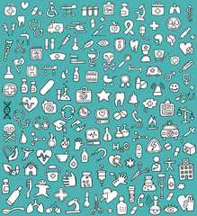 Big doodled medicine and health icons collection in black and wh