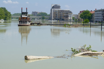 Flooding Danube River in Gyor Downtown, Hungary