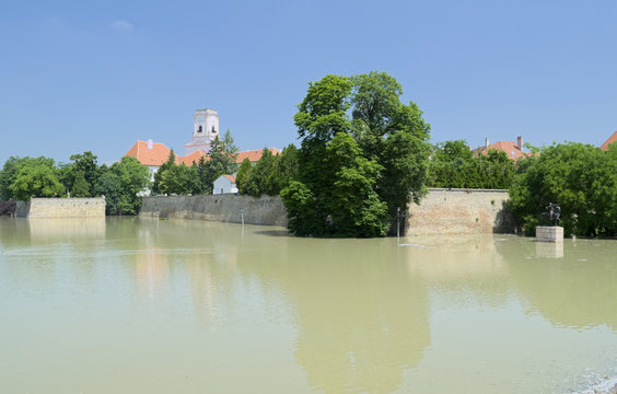 Flooding Raba River at Bishop Castle Walls in Gyor, Hungary
