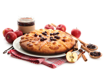 tasty homemade pie, apples and jam, isolated on white
