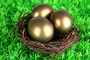 Three golden eggs in nest on grass