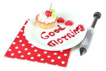 Tasty cake and jam inscription isolated on white