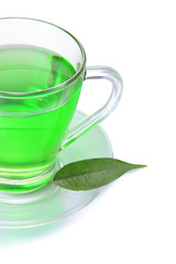 Transparent cup of green tea, isolated on white