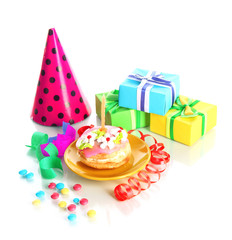 Colorful birthday cake with candle and gifts isolated on white