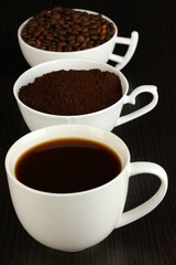 Different types of coffee in three cups on wooden table