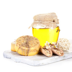 Hand made soap and ingredients for soap making, isolated