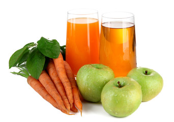 Glasses of juice, apples and carrots, isolated on white