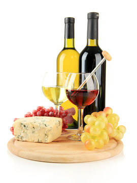 Wine, tasty blue cheese and grape, isolated on white