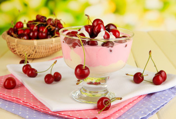 Delicious cherry dessert in glass vase