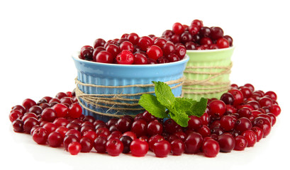 Ripe red cranberries in bowls, isolated on white.