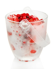 Frozen berries in bucket of ice isolated on white